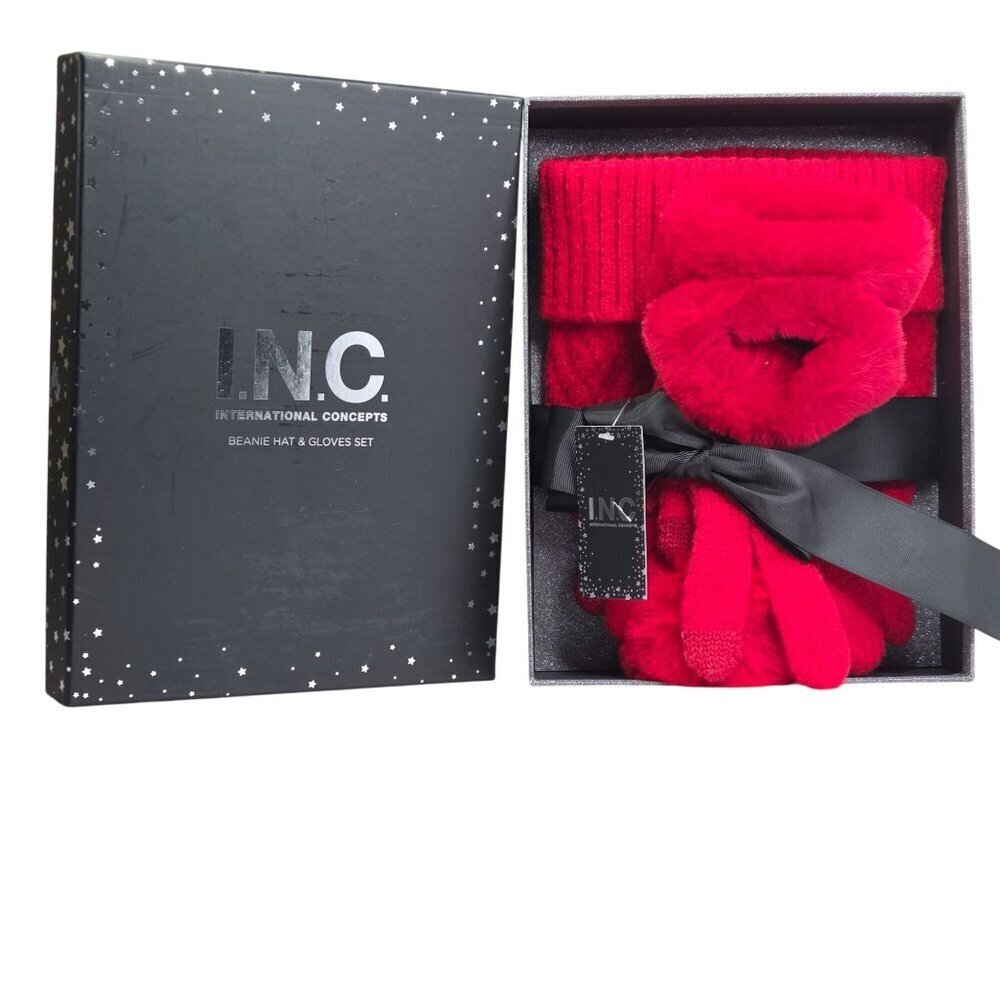 INC International Concepts Beanie & Gloves Faux Fur Trim Red